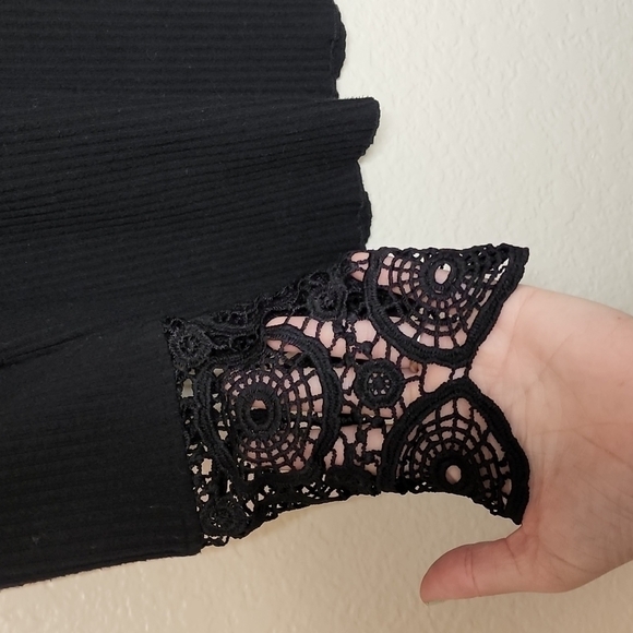 White Birch - Long Sleeve Solid Rib Knit Lace Trim Button Up Henley Top - Picture 3 of 8